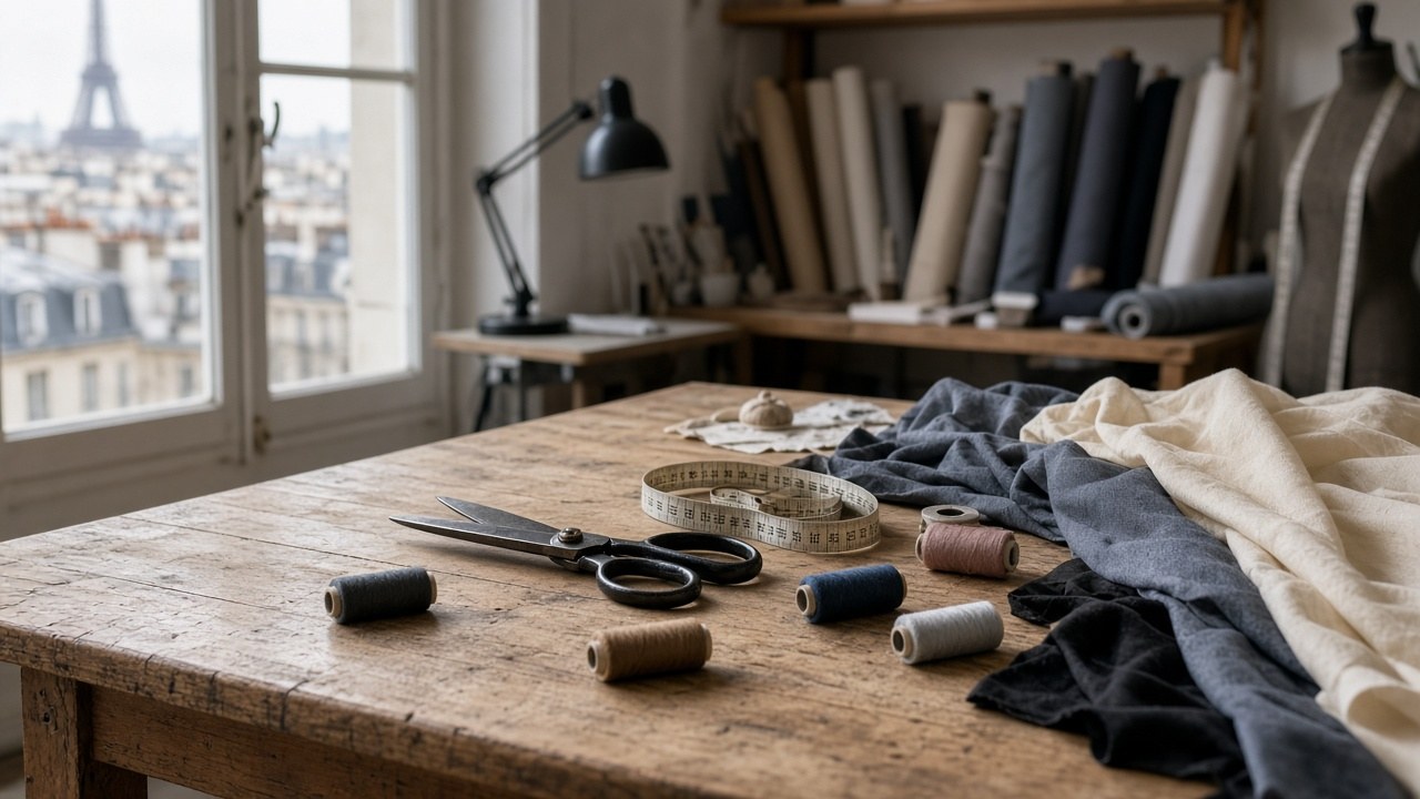 Table de travail d’atelier avec fil, ciseaux et mètre ruban