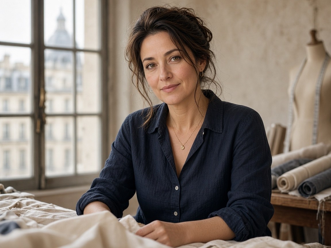 Couturière dans l’atelier Cryvionis, visage visible, lumière calme