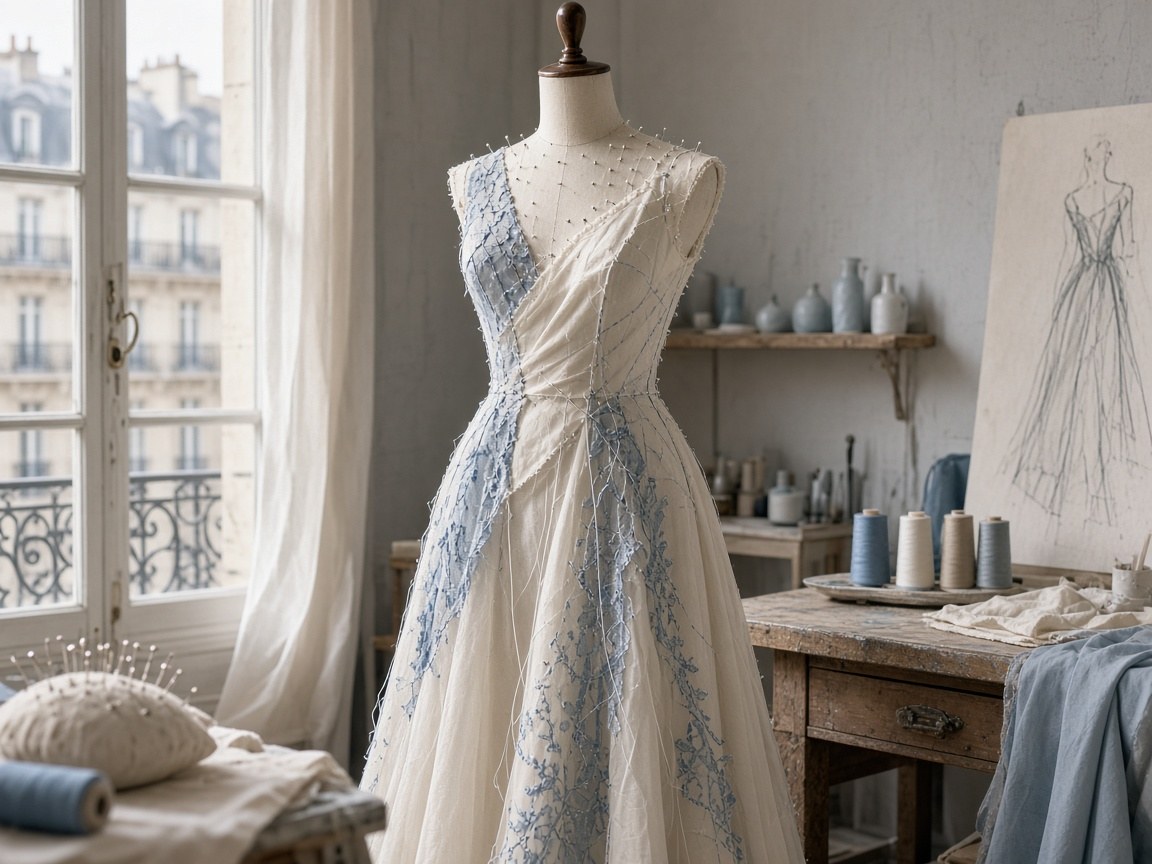 Robe sur mannequin avec épingles et fil, atelier de couture