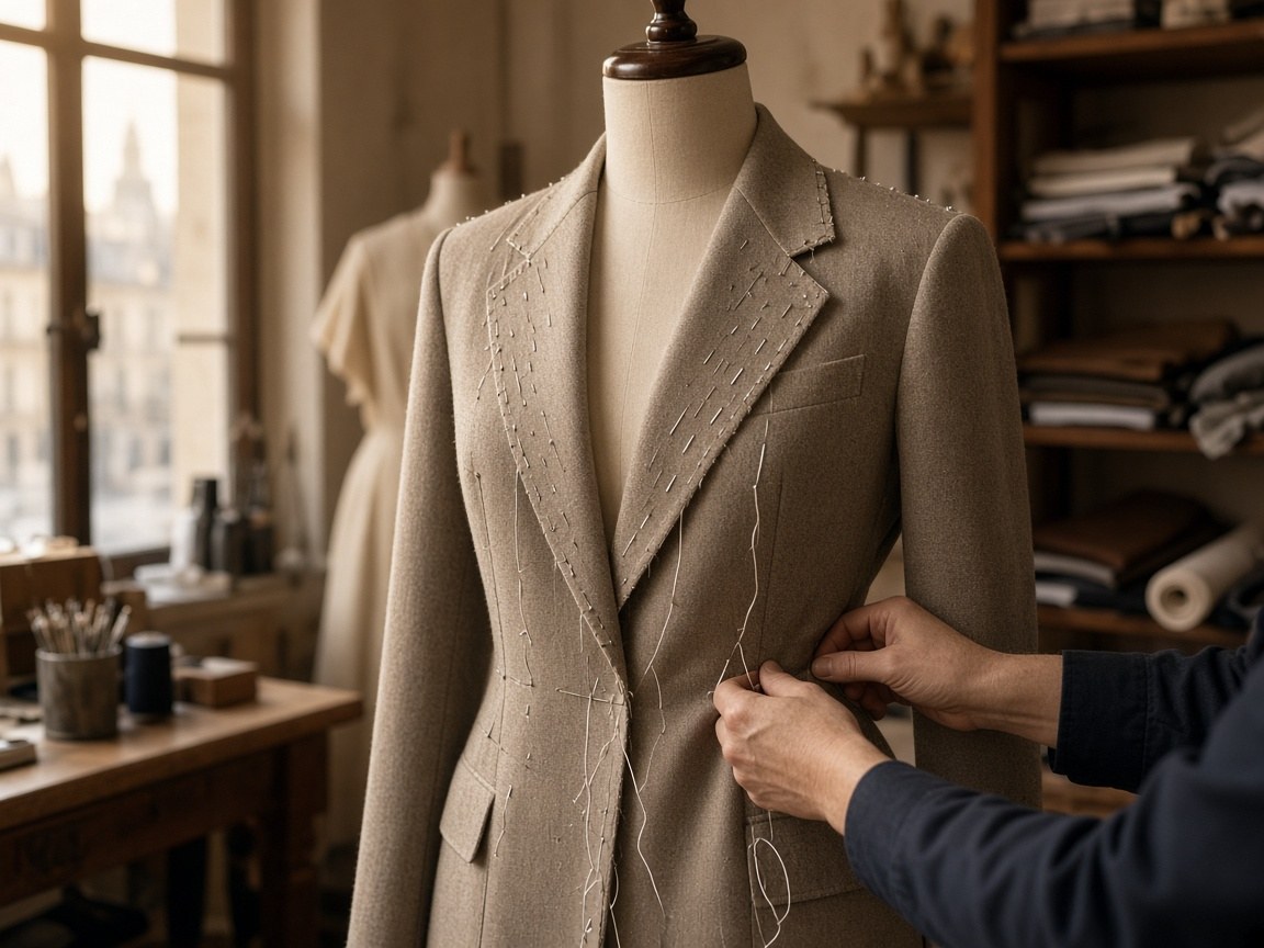 Veste en cours de retouche sur mannequin dans l’atelier Cryvionis